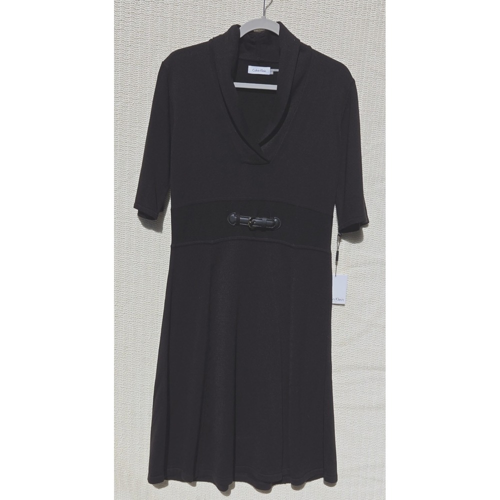 Calvin Klein black knit shawl collar half-sleeve dress faux belt Size L
